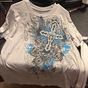 Stylish Light Gray and Blue Graphic Long Sleeve Tee